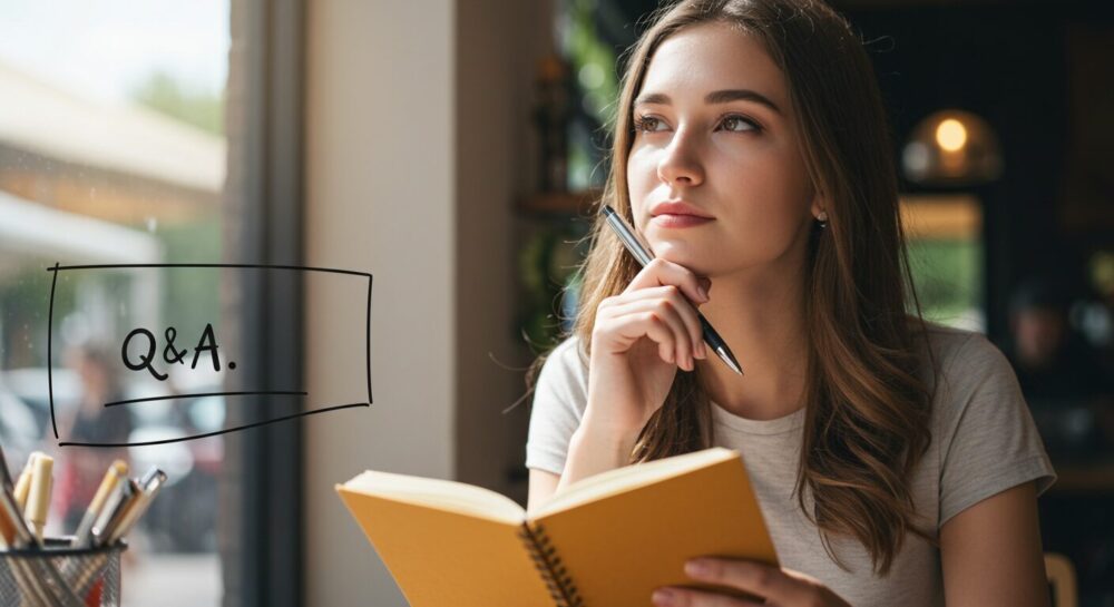 ノートに「Q&A」と書かれたページを開き、ペンを持って考え込む若い女性の写真。