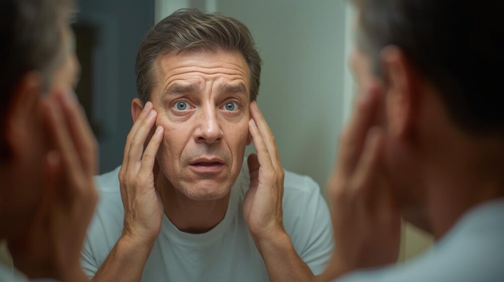 40代男性 鏡で顔を見ている しわを気にしてる